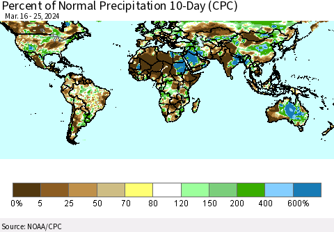 World Percent of Normal Precipitation 10-Day (CPC) Thematic Map For 3/16/2024 - 3/25/2024