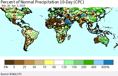 World Percent of Normal Precipitation 10-Day (CPC) Thematic Map For 3/26/2024 - 4/5/2024