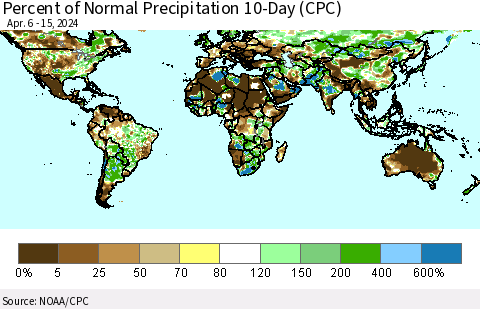 World Percent of Normal Precipitation 10-Day (CPC) Thematic Map For 4/6/2024 - 4/15/2024