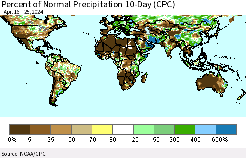 World Percent of Normal Precipitation 10-Day (CPC) Thematic Map For 4/16/2024 - 4/25/2024