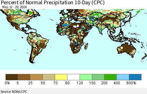 World Percent of Normal Precipitation 10-Day (CPC) Thematic Map For 5/11/2024 - 5/20/2024