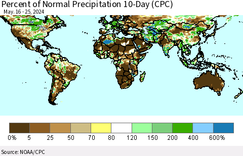 World Percent of Normal Precipitation 10-Day (CPC) Thematic Map For 5/16/2024 - 5/25/2024