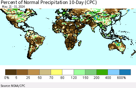 World Percent of Normal Precipitation 10-Day (CPC) Thematic Map For 5/21/2024 - 5/31/2024