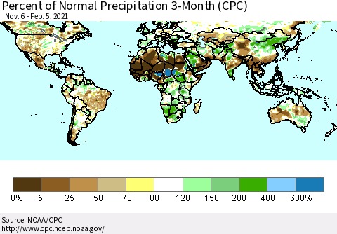 World Percent of Normal Precipitation 3-Month (CPC) Thematic Map For 11/6/2020 - 2/5/2021