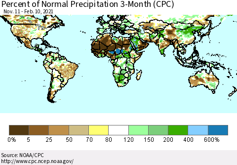 World Percent of Normal Precipitation 3-Month (CPC) Thematic Map For 11/11/2020 - 2/10/2021