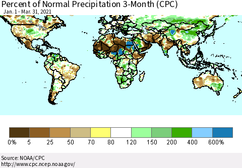 World Percent of Normal Precipitation 3-Month (CPC) Thematic Map For 1/1/2021 - 3/31/2021