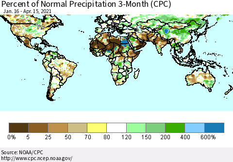 World Percent of Normal Precipitation 3-Month (CPC) Thematic Map For 1/16/2021 - 4/15/2021
