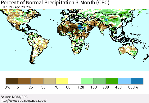 World Percent of Normal Precipitation 3-Month (CPC) Thematic Map For 1/21/2021 - 4/20/2021