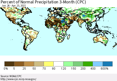 World Percent of Normal Precipitation 3-Month (CPC) Thematic Map For 1/26/2021 - 4/25/2021