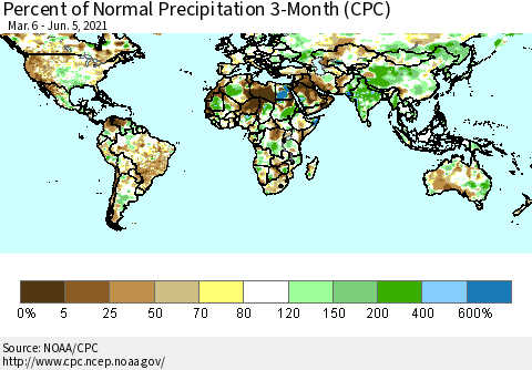 World Percent of Normal Precipitation 3-Month (CPC) Thematic Map For 3/6/2021 - 6/5/2021