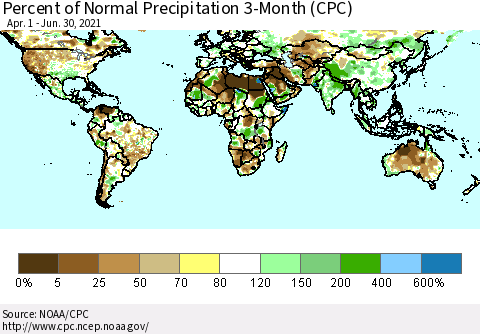 World Percent of Normal Precipitation 3-Month (CPC) Thematic Map For 4/1/2021 - 6/30/2021