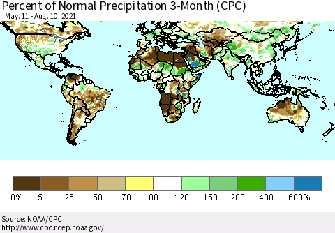 World Percent of Normal Precipitation 3-Month (CPC) Thematic Map For 5/11/2021 - 8/10/2021