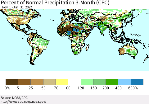 World Percent of Normal Precipitation 3-Month (CPC) Thematic Map For 11/1/2021 - 1/31/2022