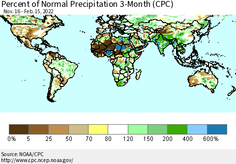 World Percent of Normal Precipitation 3-Month (CPC) Thematic Map For 11/16/2021 - 2/15/2022