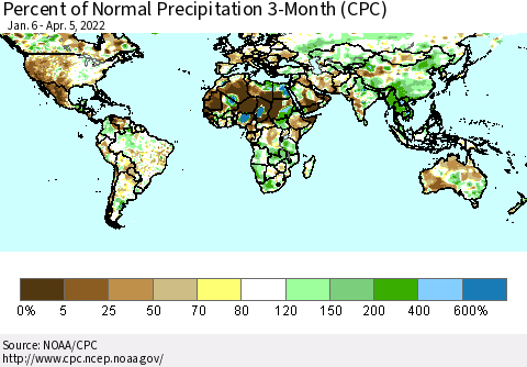 World Percent of Normal Precipitation 3-Month (CPC) Thematic Map For 1/6/2022 - 4/5/2022