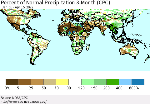 World Percent of Normal Precipitation 3-Month (CPC) Thematic Map For 1/16/2022 - 4/15/2022