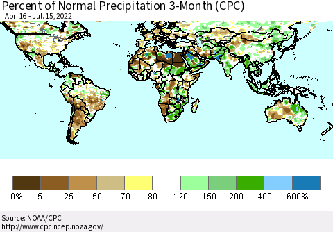 World Percent of Normal Precipitation 3-Month (CPC) Thematic Map For 4/16/2022 - 7/15/2022