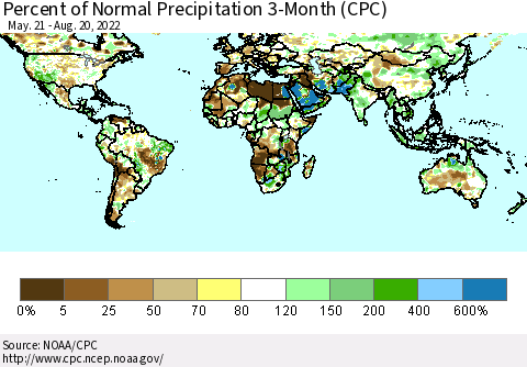 World Percent of Normal Precipitation 3-Month (CPC) Thematic Map For 5/21/2022 - 8/20/2022