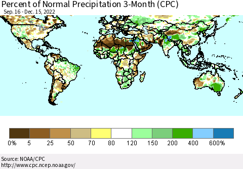 World Percent of Normal Precipitation 3-Month (CPC) Thematic Map For 9/16/2022 - 12/15/2022