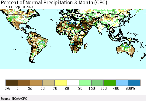 World Percent of Normal Precipitation 3-Month (CPC) Thematic Map For 6/11/2023 - 9/10/2023