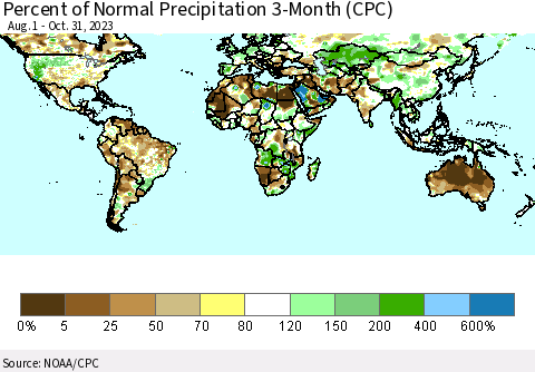 World Percent of Normal Precipitation 3-Month (CPC) Thematic Map For 8/1/2023 - 10/31/2023
