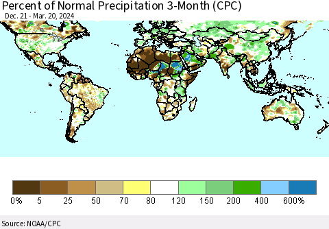 World Percent of Normal Precipitation 3-Month (CPC) Thematic Map For 12/21/2023 - 3/20/2024