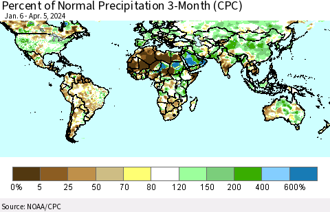 World Percent of Normal Precipitation 3-Month (CPC) Thematic Map For 1/6/2024 - 4/5/2024