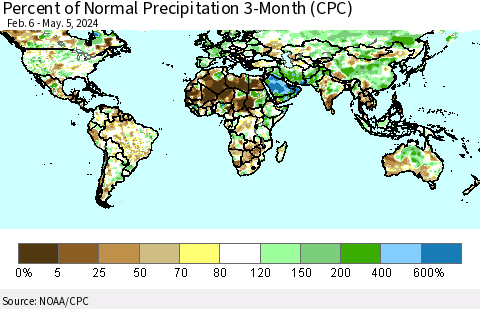 World Percent of Normal Precipitation 3-Month (CPC) Thematic Map For 2/6/2024 - 5/5/2024