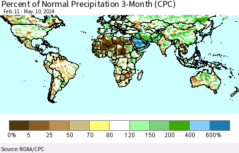 World Percent of Normal Precipitation 3-Month (CPC) Thematic Map For 2/11/2024 - 5/10/2024