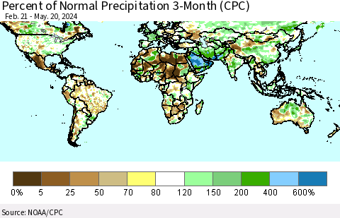 World Percent of Normal Precipitation 3-Month (CPC) Thematic Map For 2/21/2024 - 5/20/2024