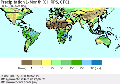 World Precipitation 1-Month (CHIRPS) Thematic Map For 1/1/2022 - 1/31/2022