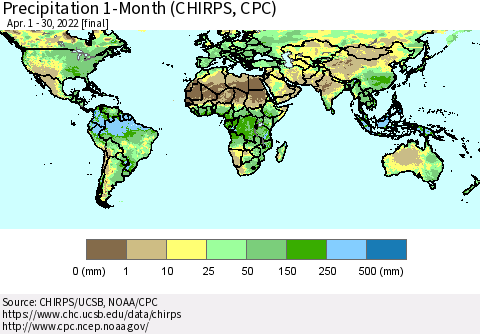 World Precipitation 1-Month (CHIRPS) Thematic Map For 4/1/2022 - 4/30/2022