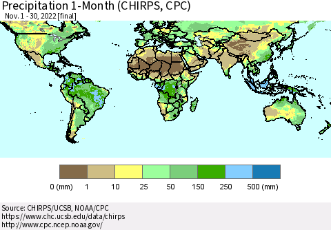 World Precipitation 1-Month (CHIRPS) Thematic Map For 11/1/2022 - 11/30/2022