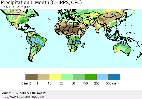 World Precipitation 1-Month (CHIRPS) Thematic Map For 1/1/2024 - 1/31/2024