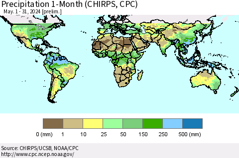 World Precipitation 1-Month (CHIRPS) Thematic Map For 5/1/2024 - 5/31/2024