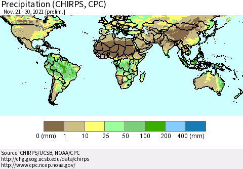 World Precipitation (CHIRPS) Thematic Map For 11/21/2021 - 11/30/2021