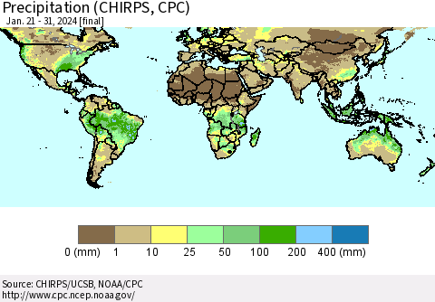 World Precipitation (CHIRPS) Thematic Map For 1/21/2024 - 1/31/2024