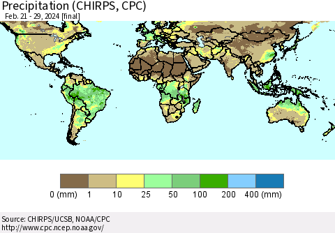 World Precipitation (CHIRPS) Thematic Map For 2/21/2024 - 2/29/2024