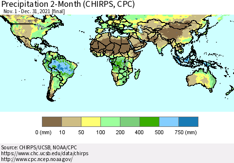 World Precipitation 2-Month (CHIRPS) Thematic Map For 11/1/2021 - 12/31/2021