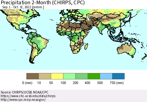 World Precipitation 2-Month (CHIRPS) Thematic Map For 9/1/2022 - 10/31/2022