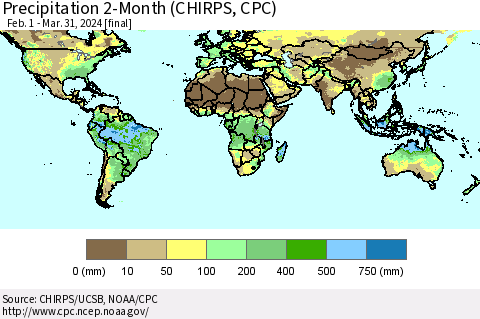 World Precipitation 2-Month (CHIRPS) Thematic Map For 2/1/2024 - 3/31/2024