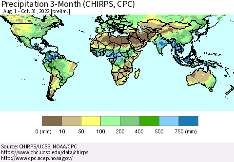 World Precipitation 3-Month (CHIRPS) Thematic Map For 8/1/2022 - 10/31/2022