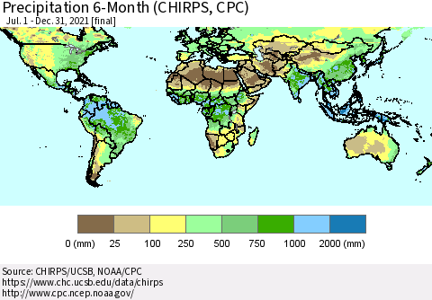 World Precipitation 6-Month (CHIRPS) Thematic Map For 7/1/2021 - 12/31/2021