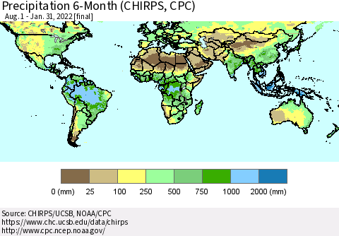 World Precipitation 6-Month (CHIRPS) Thematic Map For 8/1/2021 - 1/31/2022