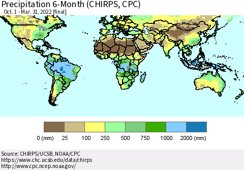 World Precipitation 6-Month (CHIRPS) Thematic Map For 10/1/2021 - 3/31/2022