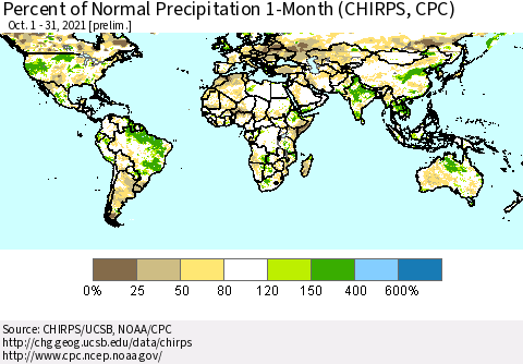 World Percent of Normal Precipitation 1-Month (CHIRPS) Thematic Map For 10/1/2021 - 10/31/2021