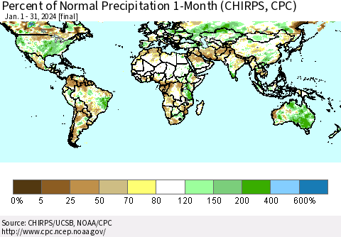 World Percent of Normal Precipitation 1-Month (CHIRPS) Thematic Map For 1/1/2024 - 1/31/2024