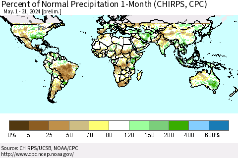 World Percent of Normal Precipitation 1-Month (CHIRPS) Thematic Map For 5/1/2024 - 5/31/2024