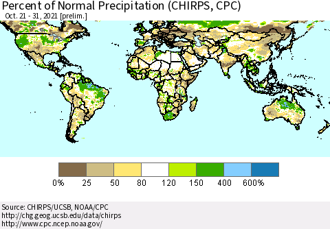 World Percent of Normal Precipitation (CHIRPS) Thematic Map For 10/21/2021 - 10/31/2021