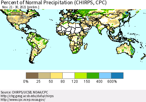 World Percent of Normal Precipitation (CHIRPS) Thematic Map For 11/21/2021 - 11/30/2021